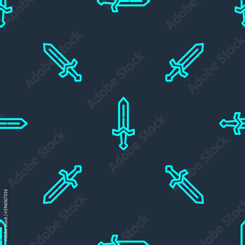Green line Medieval sword icon isolated seamless pattern on blue background. Medieval weapon. Vector.