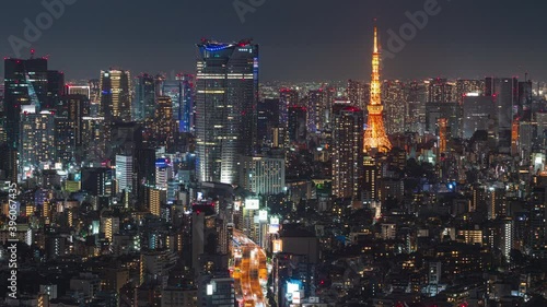 Aerial view of Tokyo skyline with Tokyo Tower and traffic