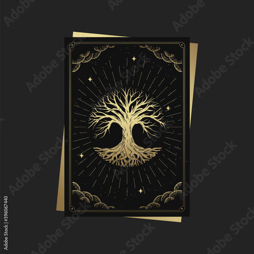 Tree of life. Magic occult tarot cards, Esoteric boho spiritual tarot reader, Magic card astrology, drawing spiritual or meditation posters.