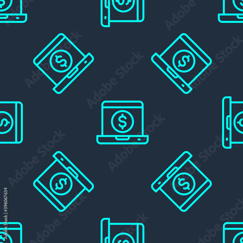 Green line Laptop with dollar icon isolated seamless pattern on blue background. Sending money around the world, money transfer, online banking, financial transaction. Vector.