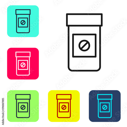 Black line Sports doping, anabolic drugs icon isolated on white background. Anabolic steroids tablet. Pills in jar. Set icons in color square buttons. Vector.