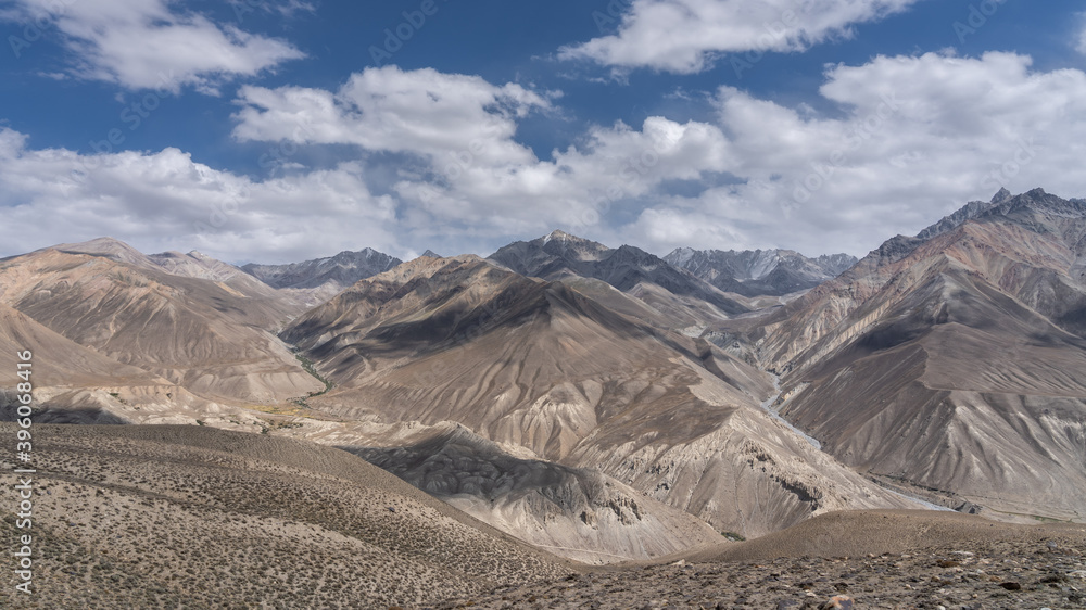Panoramic view of the snow-capped Wakhan mountain range in Afghanistan from the high-altitude desert between Langar and Khargush pass in Gorno-Badakhshan, Tajikistan Pamir Panoramic view of the snow-capped Wakhan mountain range in Afghanistan from the high-altitude desert between Langar and Khargush pass in Gorno-Badakhshan, Tajikistan Pamir