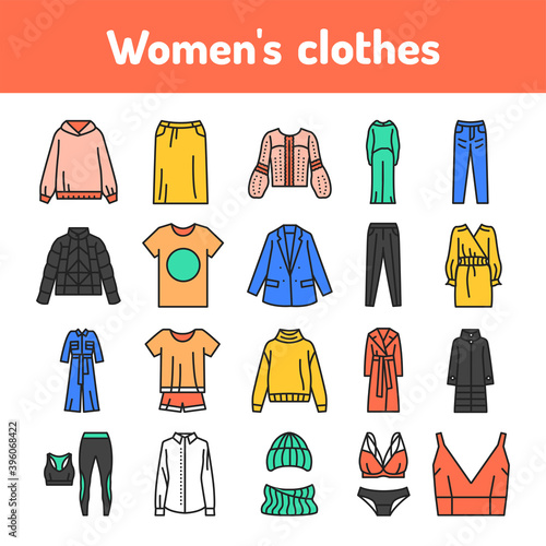 Womens clothes color line icons set. Pictograms for web page  mobile app  promo.