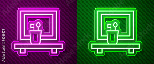 Glowing neon line Washbasin mirror icon isolated on purple and green background. Bathroom interior with a mirror. Vector.