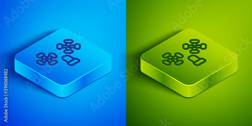 Isometric line Water tap icon isolated on blue and green background. Square button. Vector.