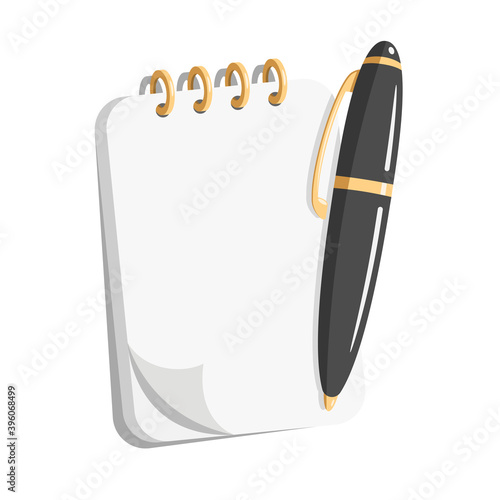 Illustration of a notebook and a ballpoint pen.