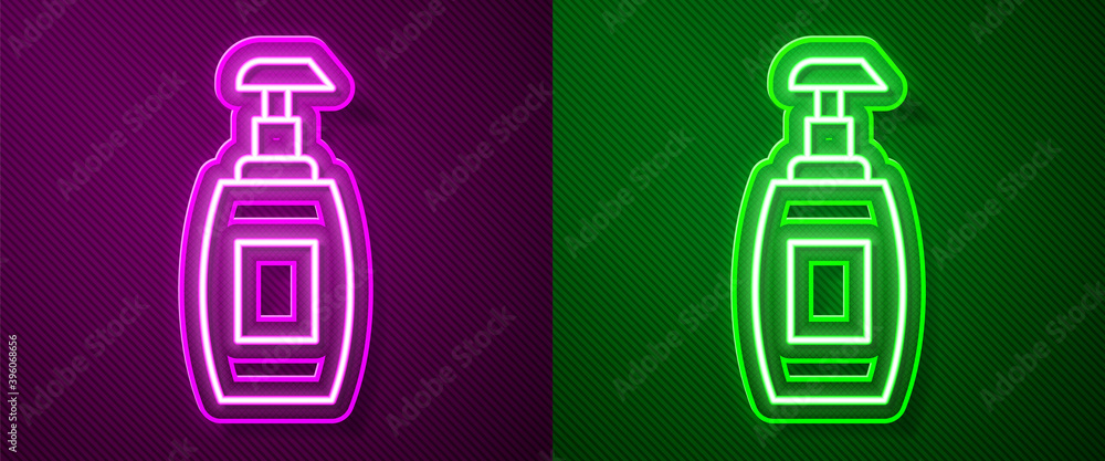 Glowing neon line Bottle of liquid antibacterial soap with dispenser icon isolated on purple and green background. Antiseptic. Disinfection, hygiene, skin care. Vector. Glowing neon line Bottle of liquid antibacterial soap with dispenser icon isolated on purple and green background. Antiseptic. Disinfection, hygiene, skin care. Vector.