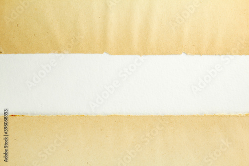 Two torn brown beige pieces of cardboard on white sheet of paper. Three lines of vintage paper texture background. Copy space for text.