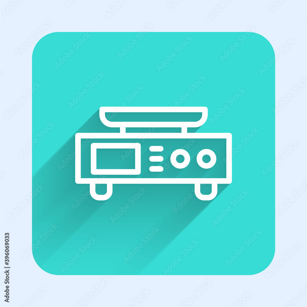 White line Electronic scales icon isolated with long shadow. Weight measure equipment. Green square button. Vector. White line Electronic scales icon isolated with long shadow. Weight measure equipment. Green square button. Vector.