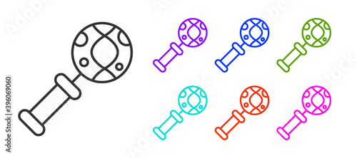 Black line DNA research, search icon isolated on white background. Magnifying glass and dna chain. Genetic engineering, cloning, paternity testing. Set icons colorful. Vector.