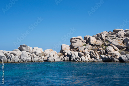 View of many large magnificent rocks of the Lavezzi islands in southern Corsica after Bonifacio, a short tour by tourist boat to arrive on the beach with turquoise water