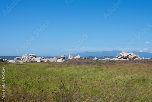 View of many large magnificent rocks of the Lavezzi islands in southern Corsica after Bonifacio  a short tour by tourist boat to arrive on the beach with turquoise water