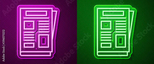 Glowing neon line News icon isolated on purple and green background. Newspaper sign. Mass media symbol. Vector.