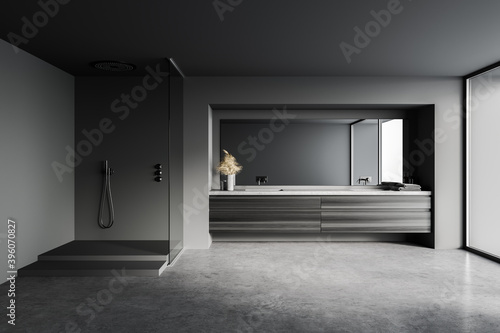 Gray bathroom interior with sink and shower