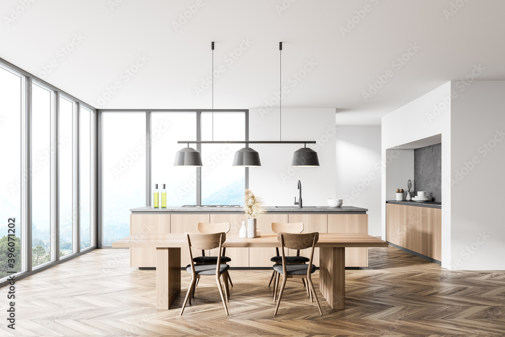 White and wooden kitchen interior with table White and wooden kitchen interior with table