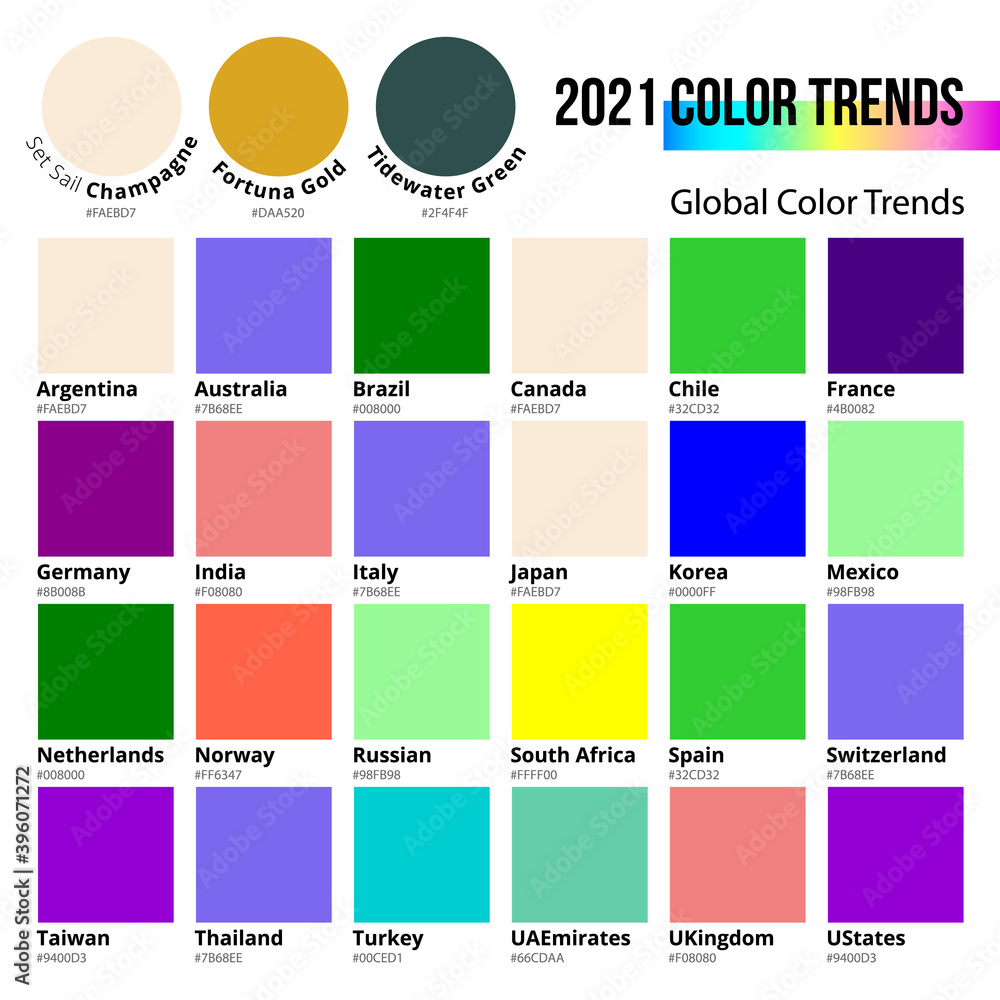 Set global color trends 2021. Colors of the crops that use them. The best colors from 20 countries in the world in 2021. Vector illustration
