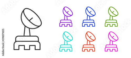 Black line Radar icon isolated on white background. Search system. Satellite sign. Set icons colorful. Vector.