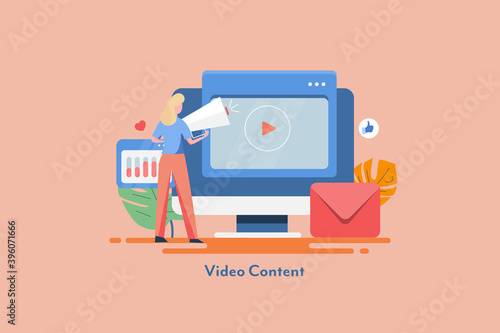 Video on demand, video influencer marketing, video content production for social media network. Female video blogger with megaphone, flat design web banner.