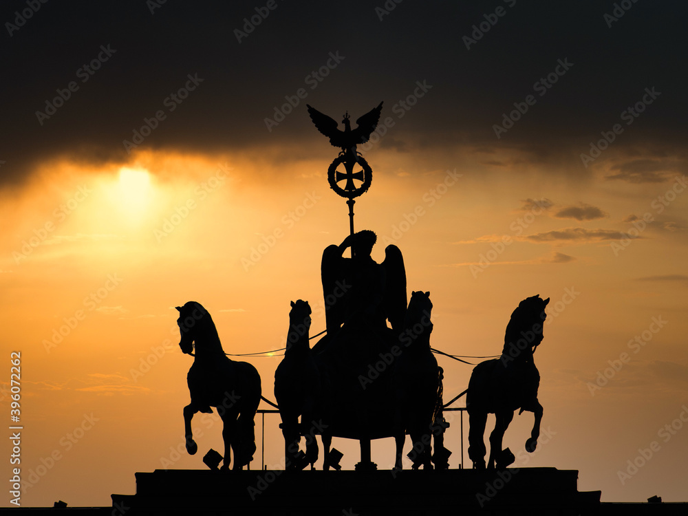 Dark silhouette impression at sunset of the Quadriga of the Brandenburg Gate in Berlin, Germany