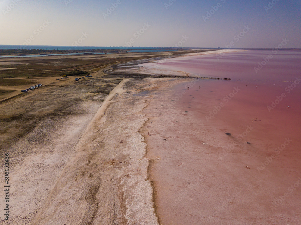 Aerial view to pink salt lake. Sasyk-Sivash pink salt lake in Crimea.