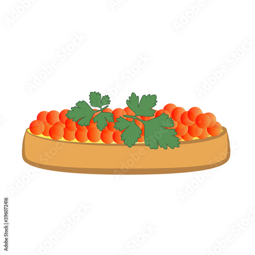 Sandwich with red caviar and a sprig of parsley.