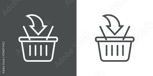 Añadir a cesta de compra. Cesta de compra con flecha con lineas en fondo gris y fondo blanco