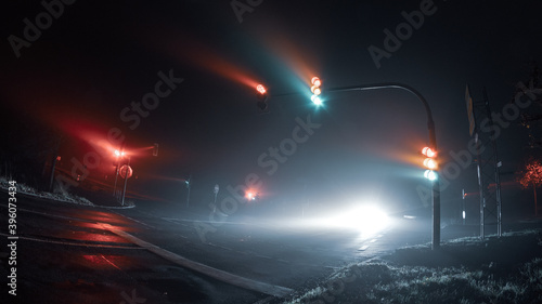 Thick fog over empty road with traffic light © Anselm
