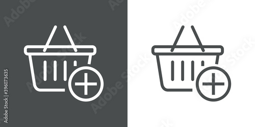 Añadir a cesta de compra. Cesta de compra con símbolo más con lineas en fondo gris y fondo blanco