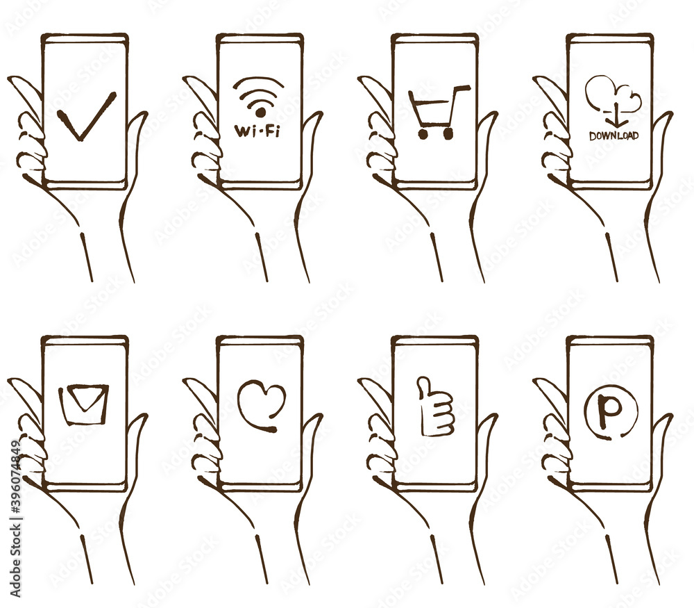 スマートフォンを持つ手 ネットサービスの手描きイラストセット