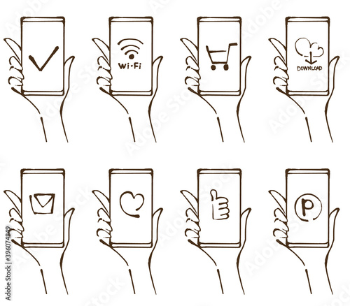 Obraz na płótnie スマートフォンを持つ手 ネットサービスの手描きイラストセット w salonie