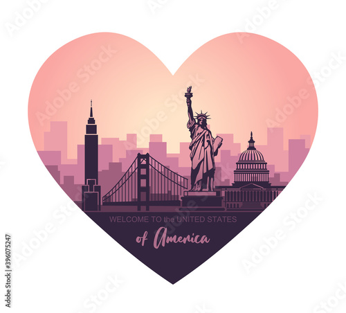 Heart-shaped liiustration with abstract landscape of the city with sights of the USA