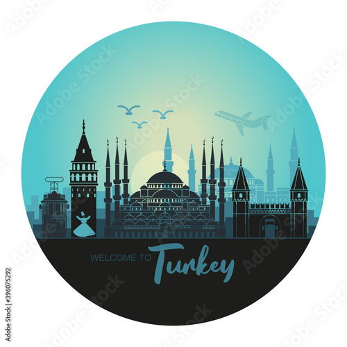 Landscape of the Turkish city of Istanbul. Abstract skyline with the main attractions in the form of a circle