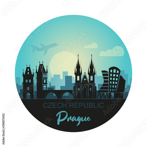 Stylized landscape of Prague with the main sights at sunset in the form of a circle