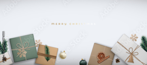Merry Christmas horizontal banner with gift boxes. Festive Christmas background with decorative flat lay composition in minimalist style. Vector illustration.