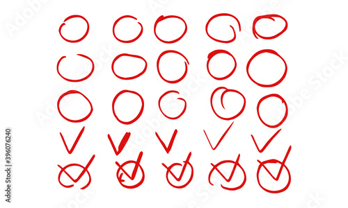 Set of hand drawn highlight red circles and check mark icons. Decorative design elements collection. Vector illustratiob collection circles and mark concept