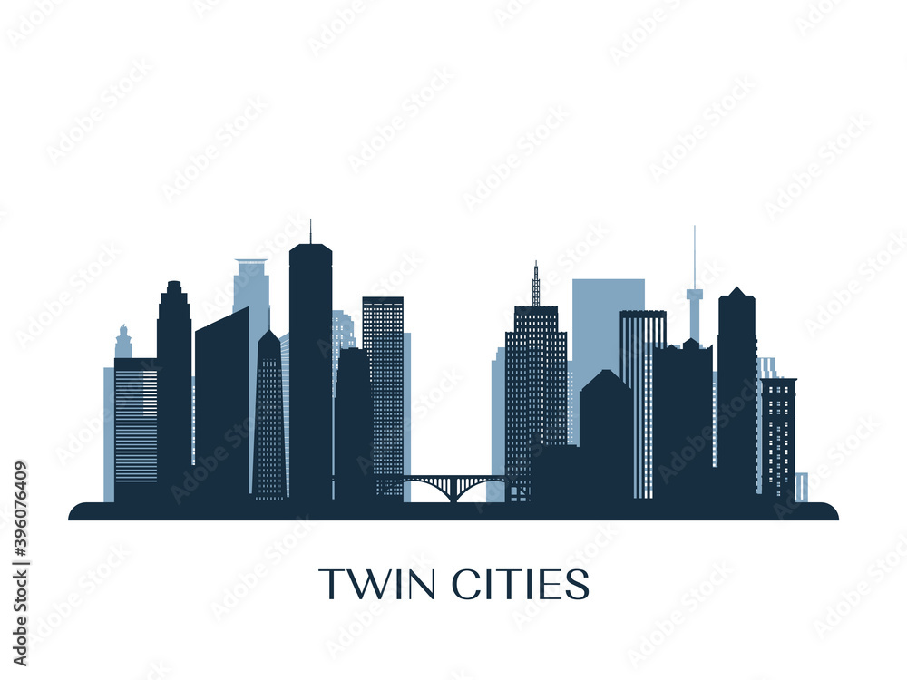 Twin Cities skyline, monochrome silhouette. Vector illustration.