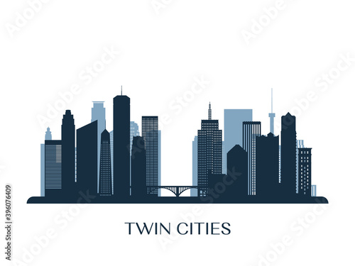 Twin Cities skyline  monochrome silhouette. Vector illustration.