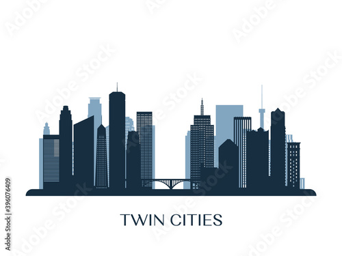 Twin Cities skyline, monochrome silhouette. Vector illustration.