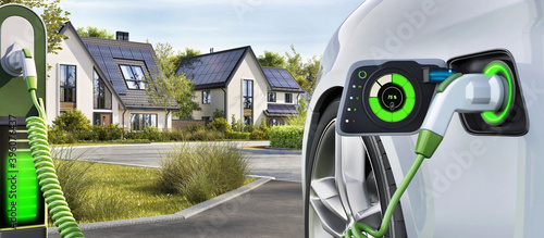 Electric car charging stations. Modern houses with photovoltaic solar panels on the roof for alternative energy photo