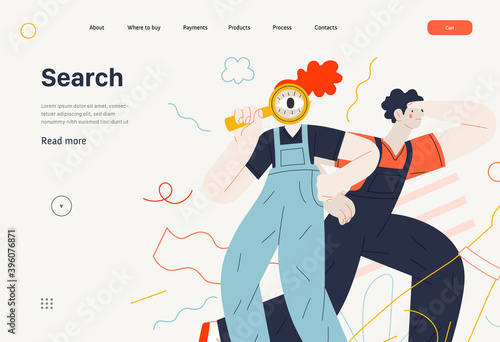 Business topics -search, web template, header. Flat style modern outlined vector concept illustration. Young man looking forward and a woman with magnifying glass looking through it. Business metaphor