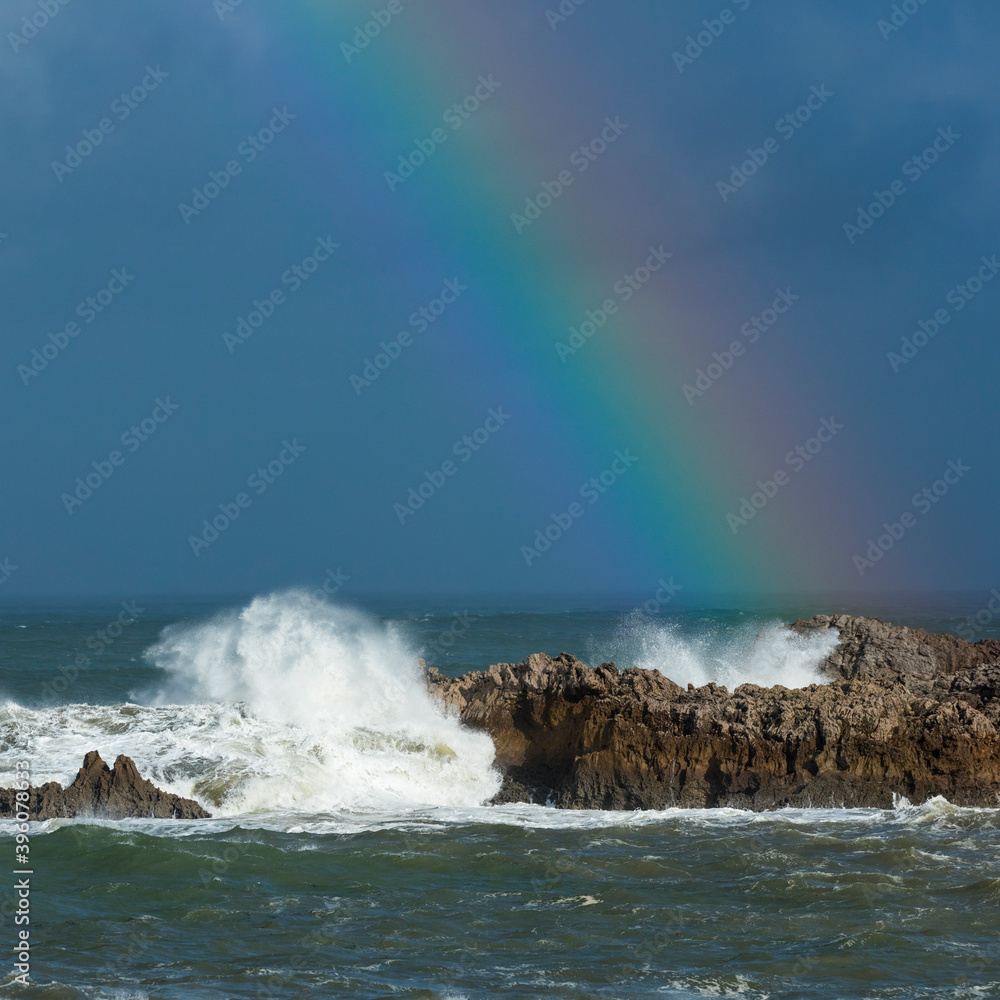 Obraz premium Rainbow, Cantabrian Sea, Islares, Castro Urdiales Municipality, Cantabria, Spain, Europe