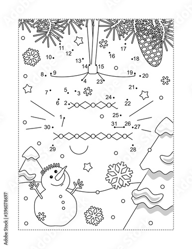 Bell ornament connect the dots puzzle and coloring page, activity sheet for kids. Answer included.
