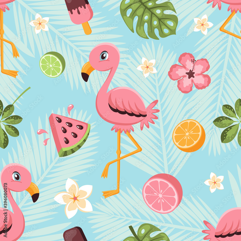 Fototapeta premium Seamless pattern with tropical plants and flowers, ice cream, fruits and flamingo. Vector illustration.