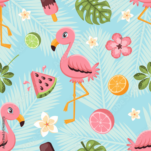 Seamless pattern with tropical plants and flowers, ice cream, fruits and flamingo. Vector illustration.