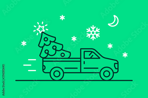 Vector illustration for a Christmas tree delivery service. Linear icon with a truck carrying a fir tree.