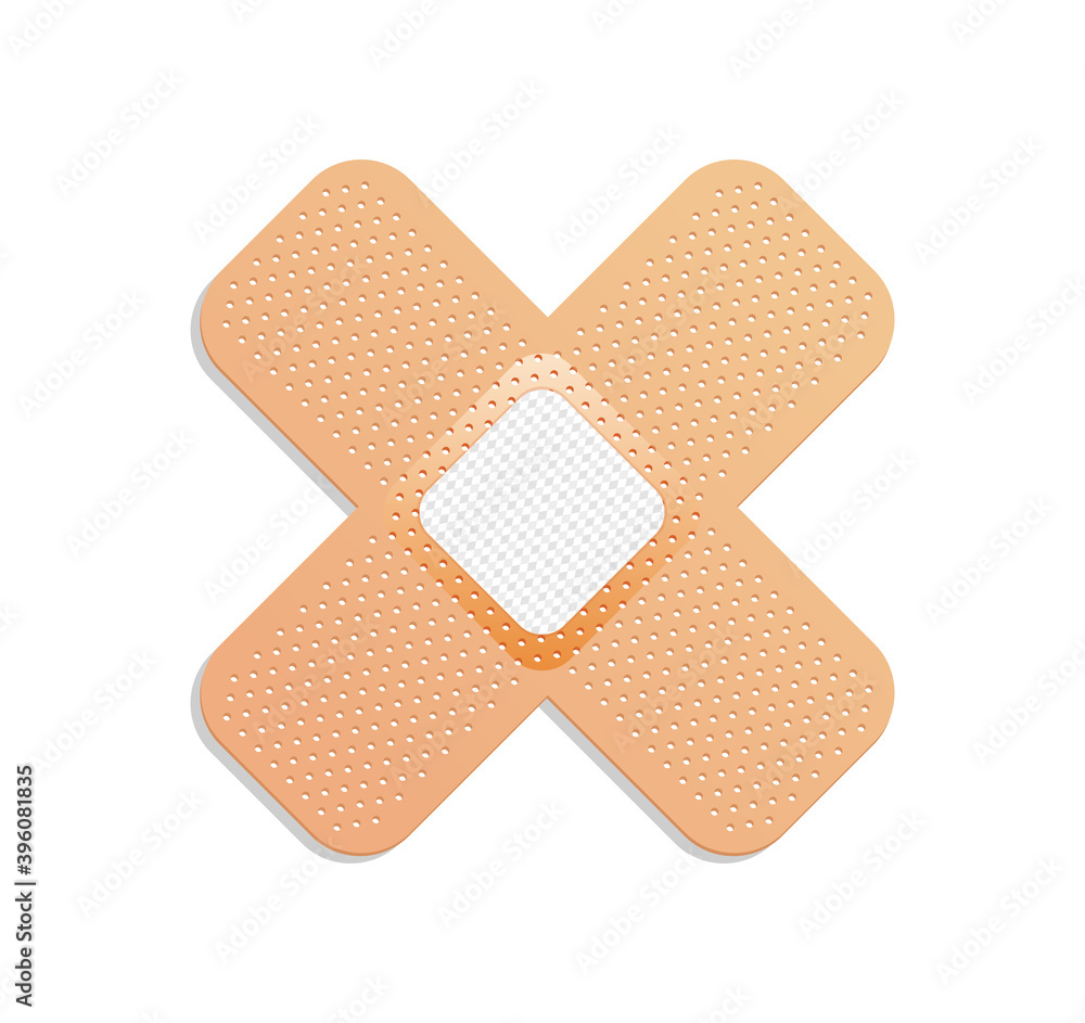 Medical plaster. Adhesive bandage or sticking plaster. Medical band aids protection patch for first aid. Protection and care. Vector cartoon plaster on white background Medical plaster. Adhesive bandage or sticking plaster. Medical band aids protection patch for first aid. Protection and care. Vector cartoon plaster on white background