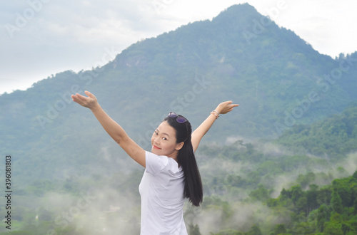 woman traveler at mountain, Travel Lifestyle concept