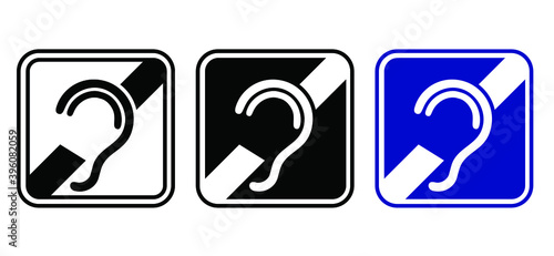 Deaf, limited hearing. Deafness symbol and audible sign. Hearing impaired, loss impairment logo. Vector ear pictogram signs. Universal access icon, hard of hearing. Assistive listening systems Symbols