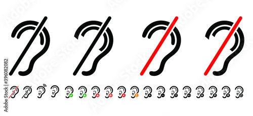 Limited hearing. Deafness symbol and audible sign. Hearing impaired, loss impairment logo. Vector ear pictogram signs. Universal access icon, hard of hearing icons. Assistive listening systems Symbols