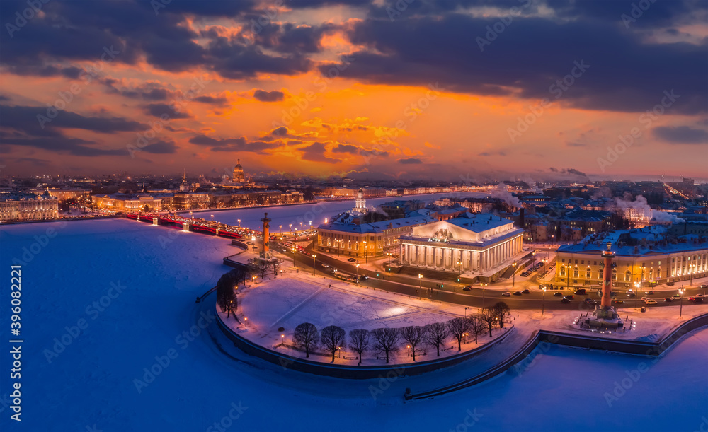 Panorama of Saint Petersburg. Christmas Russia. Winter evening in Saint Petersburg. New Year in the Russian Federation. Sights of Saint Petersburg top view. Christmas holidays in Russia